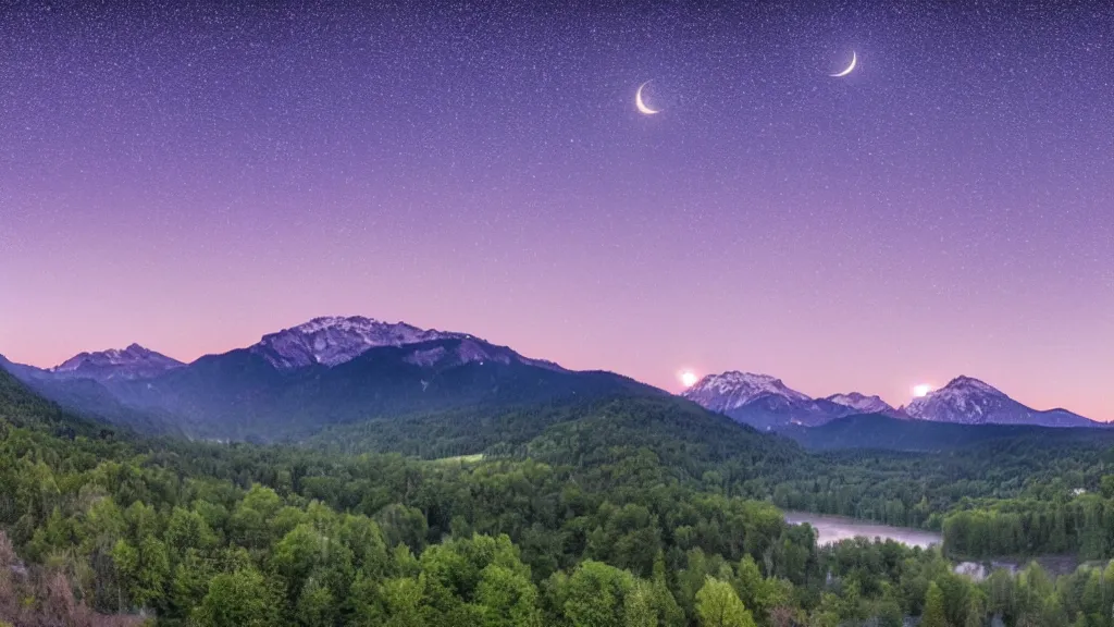 Image similar to Panoramic photo where the mountains are towering over the valley below their peaks shrouded in mist. The moon is just peeking over the horizon and the purple sky is covered with stars and clouds. The river is winding its way through the valley. The tree are a bright blue.