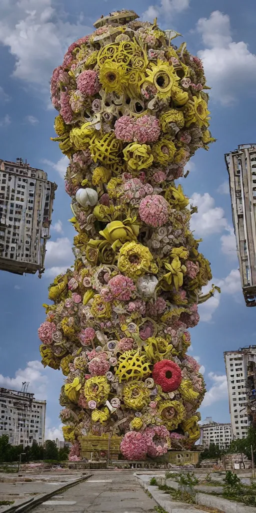 Image similar to colossal grotesque flower made from best unfulfilled mankind projects in the middle of abandoned post soviet constructivist cityscape, Stalinist architecture, ultradetailed, Intricate by Hayao Miyazaki and Josan Gonzalez and Makoto Shinkai and Giuseppe Arcimboldo and Wes Anderson