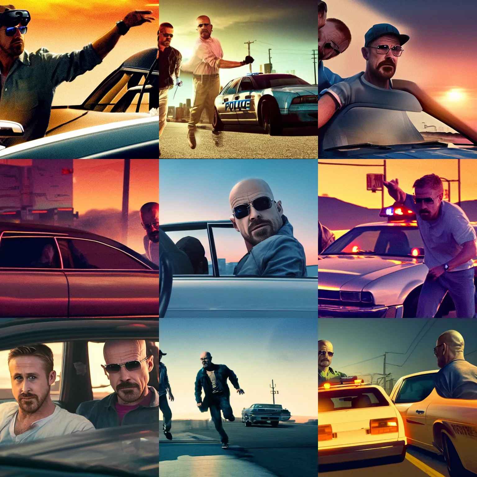 Prompt: Ryan Gosling giving a lift to Walter White while being chased by police during the sunset in night cyberpunk city