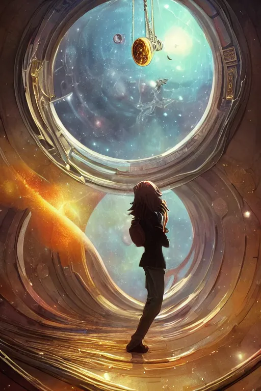 Prompt: majestic stairways to otherworldly galaxies inside a glass jar admired by a boy, high intricate details, rule of thirds, golden ratio, cinematic light, 8 k, octane render, anime style, graphic novel by fiona staples and dustin nguyen, art by beaststars and orange, peter elson, alan bean, studio ghibli, makoto shinkai