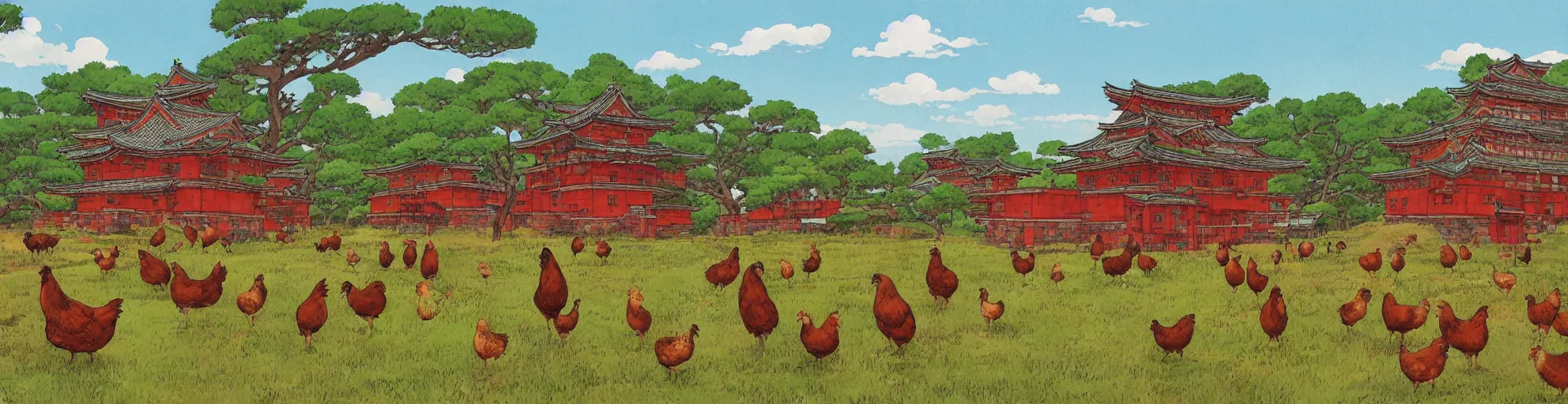 Image similar to big red and brown japanese fort in a meadow with chickens by studio ghibli painting