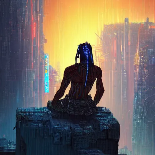 Image similar to a cyberpunk zulu warrior sitting on a cliff watching an enormous city burn!!! from a distance at night, fire!!, by alena aenami and android jones and greg rutkowski, Trending on artstation, hyperrealism, elegant, stylized, highly detailed digital art, 8k resolution, hd, global illumination, radiant light, detailed and intricate cyberpunk ghetto environment, rendered in octane, post processed, wide angle, dynamic portrait