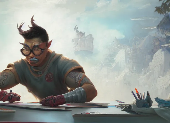 Image similar to an insanely detailed painting of an asian man wearing a homemade superhero costume, sitting at a desk, staring seriously at the computer and typing, in the style of peter mohrbacher, james jean, artgerm, dramatic lighting and composition, surreal background, octane render, pixar, trending on artstation, concept art, comic book, view from behind, 8 k