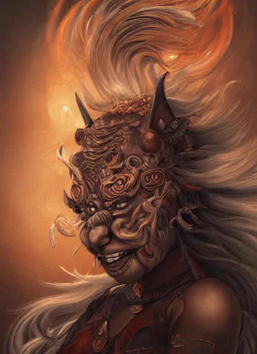 Image similar to a beautiful detailed oil on copper art illustration of a oni hannya mask shogun wolf woman, centered, by charlie bowater, zeng fanzh, trending on artstation, dim dusk lighting, cinematic lighting, detailed lighting, volumetric lighting, realistic, f 8, 4 k hd wallpaper