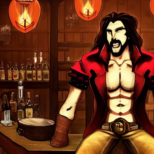 Prompt: Trevor Belmont from Castlevania, enjoying a pint of ale at a tavern, digital art, HDR, happily smiling at the camera, holding the pint of ale, sitting at the bar, warm lantern lighting.