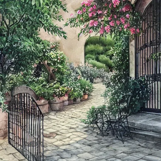 Prompt: delicate, garden, paved, botanic watercolors, iridescent, 8 k, realistic shaded, fine details, artstation, italian, chairs, iron gate, pine maritime, mediterranean