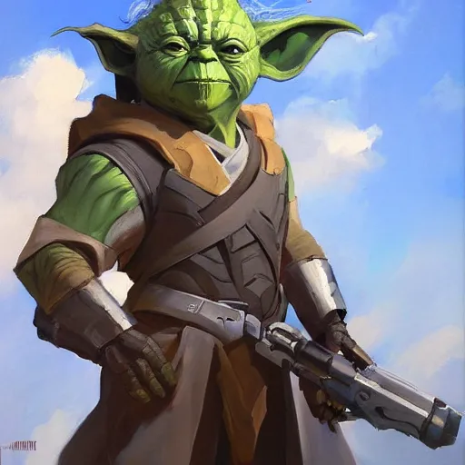 Image similar to greg manchess portrait painting of armored yoda as overwatch character, medium shot, asymmetrical, profile picture, organic painting, sunny day, matte painting, bold shapes, hard edges, street art, trending on artstation, by huang guangjian and gil elvgren and sachin teng