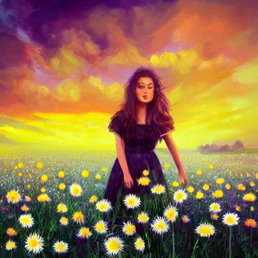 Image similar to girl face made of giant daisies, standing in a flower field, holding flowers, surreal photography, sunset dramatic light, impressionist painting, colorful clouds, large sky, digital painting, artstation, simon stalenhag