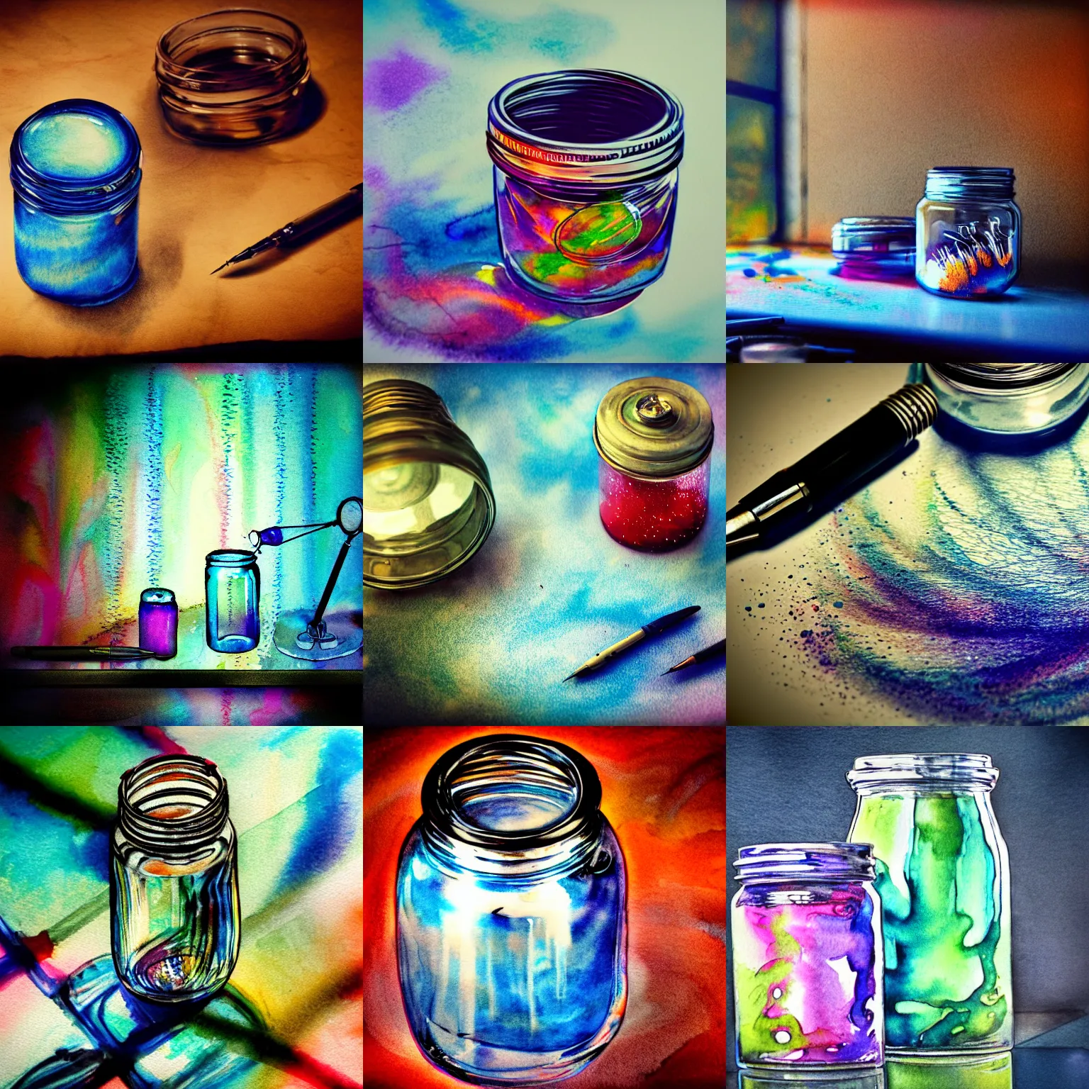 Prompt: airbrush of technical pen and glass canning jar of swirling ink shimmering on a desk, dramatic afternoon lighting, intense watercolor, heavy metal, tilt shift, photo realistic, by moebius