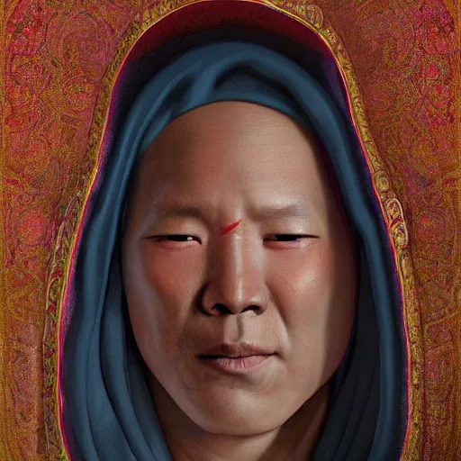 Image similar to portrait of a blindfolded monk in multicolored robes and a large straw hat, detailed face, highly detailed, cinematic lighting, digital art painting by greg rutkowski