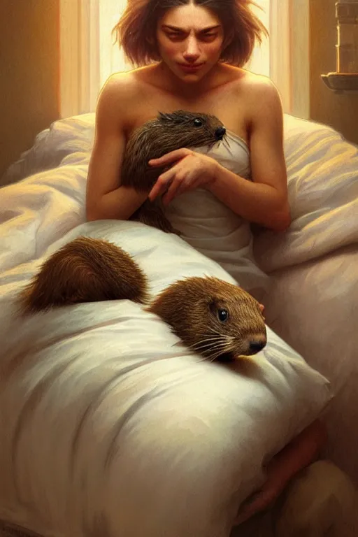 Image similar to drug addicted groundhog with a needle lies on the bed, realistic portrait, highly detailed, digital painting, artstation, concept art, smooth, sharp focus, illustration, cinematic lighting, art by artgerm and greg rutkowski and alphonse mucha