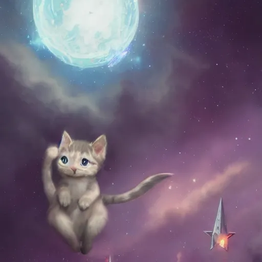 Image similar to a single cartoonish kitten dressed as Gandalf floating in space, bright stars, anime, a fantasy digital painting by Greg Rutkowski and James Gurney, trending on Artstation, highly detailed