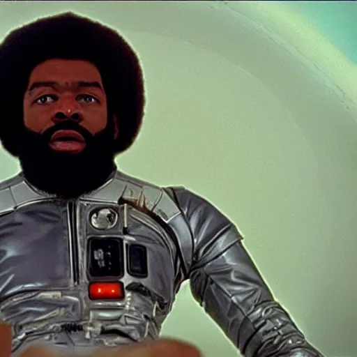 Prompt: film still of a black man with afro hair and raspy beard stubble in 2 0 0 1 a space odyssey