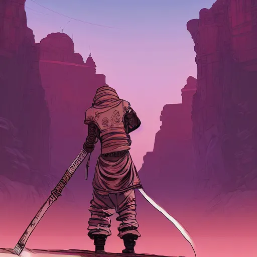 Image similar to portrait of the back of a monk with a mace, standing in front of a solid color background, Borderlands and by Feng Zhu and Loish and Laurie Greasley, Victo Ngai, Andreas Rocha, John Harris