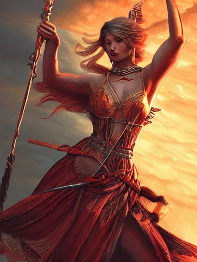 Image similar to seven of wands aggression defiance conviction. tarot card. intricate, elegant, highly detailed, digital painting, artstation, concept art, sharp focus, illustration, by justin gerard and artgerm, 8 k