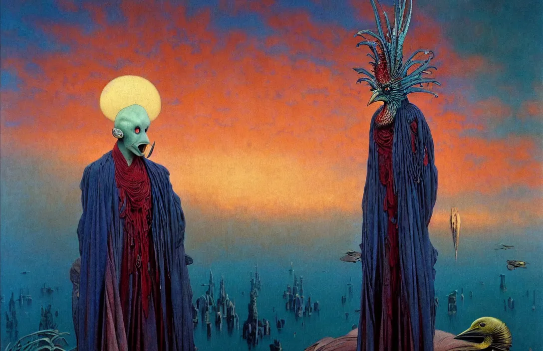 Prompt: realistic detailed portrait movie shot of a birdman wearing dark ragged robes, sci fi city sunset landscape background by denis villeneuve, amano, yves tanguy, alphonse mucha, ernst haeckel, max ernst, roger dean, masterpiece, rich moody colours, blue eyes