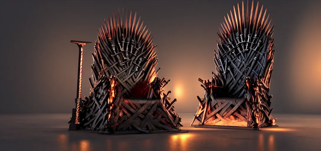 Prompt: a photorealistic render of a contemporary pc gaming chair that looks like the iron throne, led lights, glowing desktop pc, 8 k, artstation, volumetric lighting, smooth, highly detailed, octane render, by andres rocha and albert bierstadt and greg rutkowski