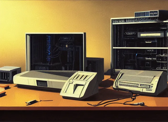 Prompt: still life painting of a retro electronics supercomputer workstation by pieter claesz, oil on canvas, blade runner vibes, syd mead concept art, minimalist, strong lighting, highly detailed, hyper realism, golden hour, god rays, hd, 4 k