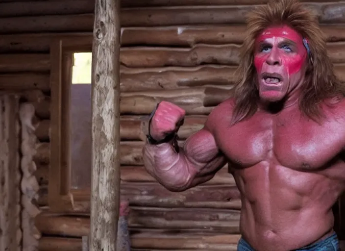 Prompt: film still of the Ultimate Warrior WWF in a log cabin in the new MANDY movie, 4k