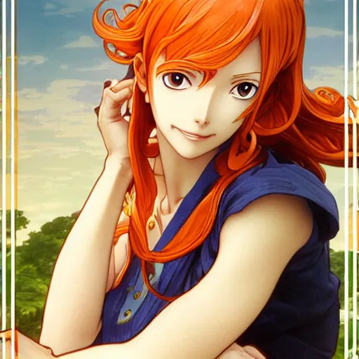 Image similar to intricately detailed vfx portrait of nami from one piece by eiichiro oda, makoto shinkai, alphonse mucha, art by artgerm and greg rutkowski, best of behance, concept art, matte, sharp focus, orange hair, elegant, adolphe bouguereau, annie leibovitz, stanley kubrick, 4 k hdr,