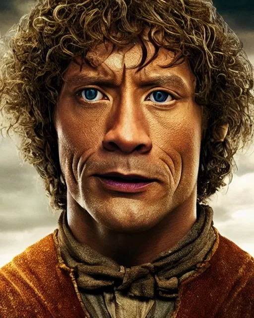 Prompt: Film still close-up shot of Dwayne Johnson as Bilbo Baggins from the movie The Hobbit. Photographic, photography