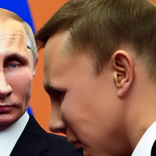 Image similar to putin teams up with a mysterious teenage putin, perfect faces