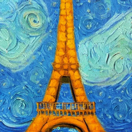 Prompt: Oil Painting of the Eiffel tower in the style of, Van Gogh