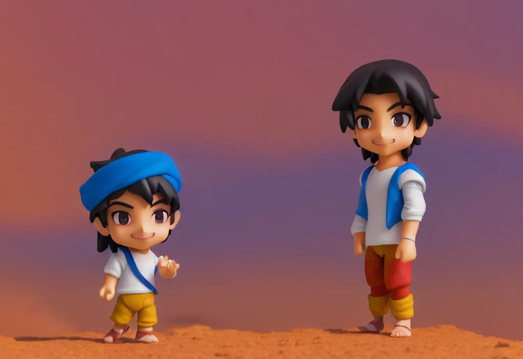 Image similar to profile view of young aladdin as nendoroid walking in a desert, wearing typical clothes, 8 k, hd, dof, kodak film, volumetric lighting, subsurface scattering, photorealistic, octane render