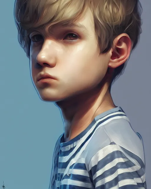 Image similar to a young boy wearing a horizontal striped shirt, smooth, intricate, elegant, digital painting, artstation, concept art, sharp focus, octane render, illustration, art by ayami kojima, apex legends character,