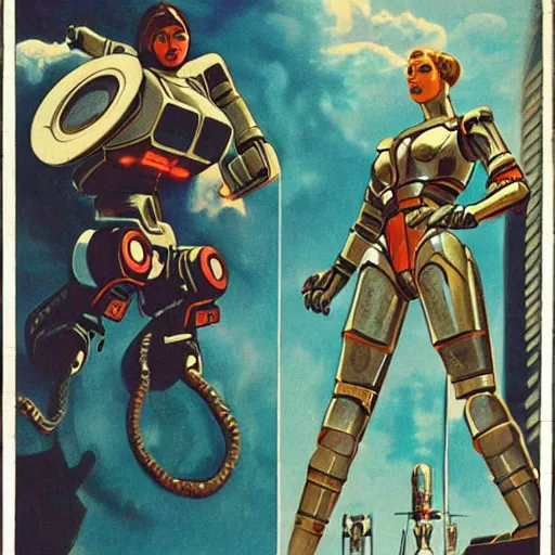 Image similar to a vintage scifi book cover of a warrior woman facing off against a gigantic robot, low perspective, detailed clouds