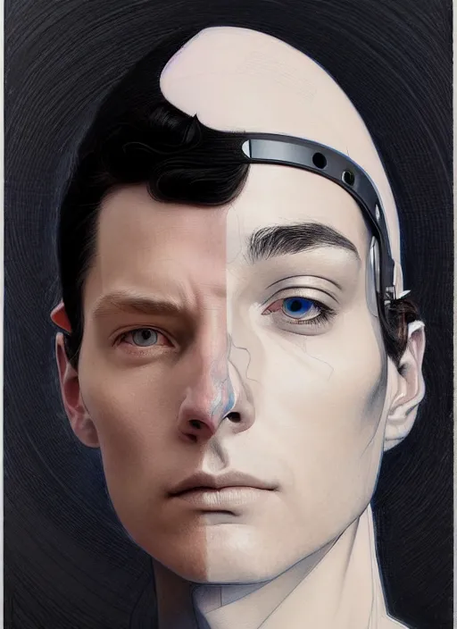 Image similar to artwork by james jean and Phil noto; a close up on the face of a beautiful man and woman in a future space suit; wearing futuristic astronaut helmet; highly detailed; pretty eyes; circular black pupils; artwork by james jean and Phil noto