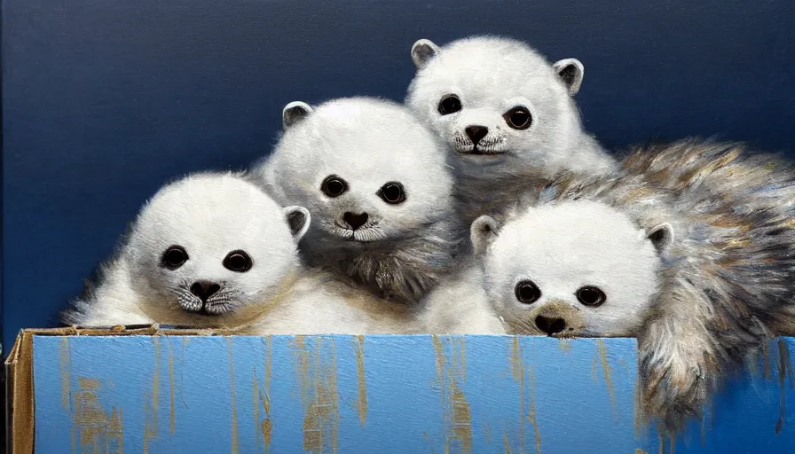 Image similar to highly detailed painting of cute furry white baby seals cuddled up in a cardboard box in a dystopian cyberpunk street by william turner, thick brush strokes and visible paint layers, 4 k resolution, blue and white colour scheme