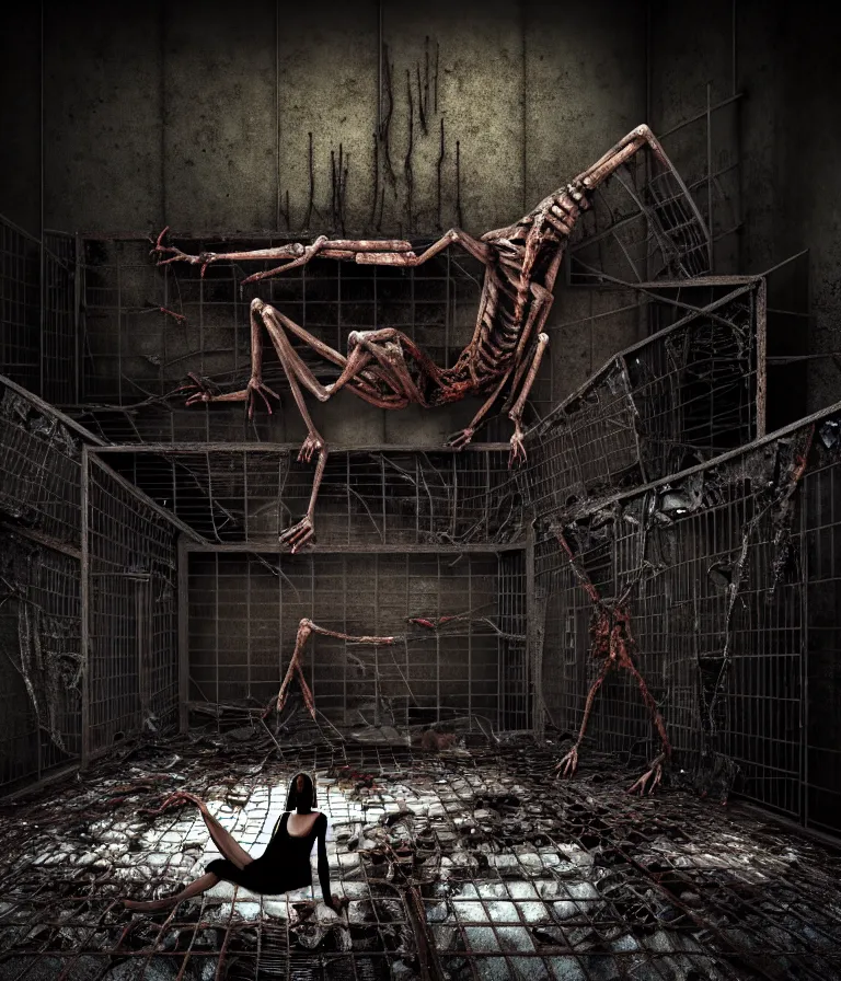 Image similar to Creepy huge suffering humanoid with long limbs sits on the floor and looks at the old TV. An underground very dark gloomy multi-layered structure of rusty thick iron grates, dense chain-link fencing and peeling walls. Inside view, collapsed floors, bent rusted iron, masterpiece, black background, corners, cinematic, hyperdetailed, photorealistic, hyperrealism, octane render, 8k, depth of field, bokeh, architecture, shadows, art by Zdzisław Beksiński, Dariusz Zawadzki