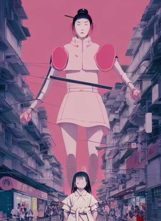 Prompt: Artwork by James Jean, Phil noto and hiyao Miyazaki; a young Japanese future samurai police girl named Yoshimi battles an enormous looming evil natured soft carnivorous pink robot on the streets of Tokyo; Japanese shops and neon signage; crowds of people running; Art work by studio ghibli, Phil noto and James Jean