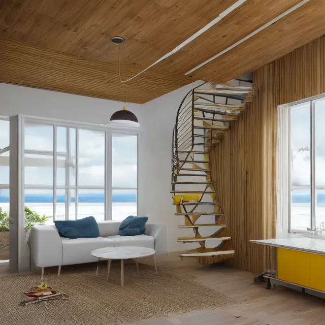 Image similar to modern a frame interior in a wooden cabin, yellow cabinets and white walls, vintage fridge, large window in back with ocean scenery, marble countertops, leather couch, spiral staircase, realistic, unreal engine render, octane render, hyper realistic, photo, 8 k