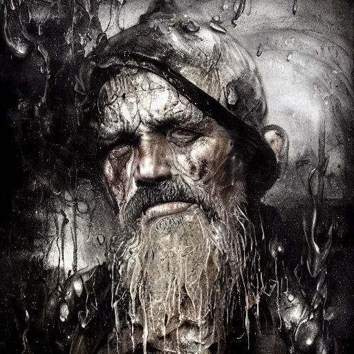 Image similar to wet collodion photography of innsmouth dweller mutant early xx century fisherman sailor old man with gills and scales creatures from the deep ocean by emil melmoth zdzislaw beksinki craig mullins yoji shinkawa realistic render ominous detailed photo atmospheric by jeremy mann francis bacon and agnes cecile ink drips paint smears digital glitches glitchart