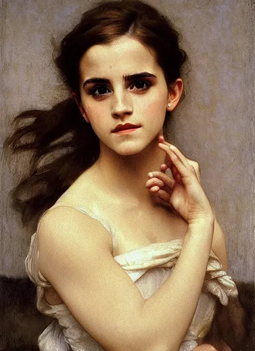 Image similar to photo photorealistic portrait photograph Portrait of Emma Watson, by William Adolphe Bouguereau, John Singer Sargent, Vermeer, serene