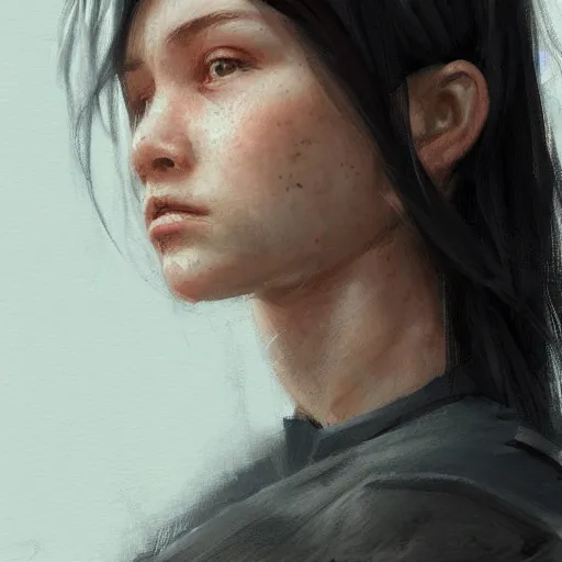 Image similar to portrait of a girl by greg rutkowski, she is about 2 0 years old, mixture between russian and japanese, prettt, black bob hair with two strands around her face, wearing a tank top, highly detailed portrait, digital painting, artstation, concept art, smooth, sharp foccus ilustration, artstation hq