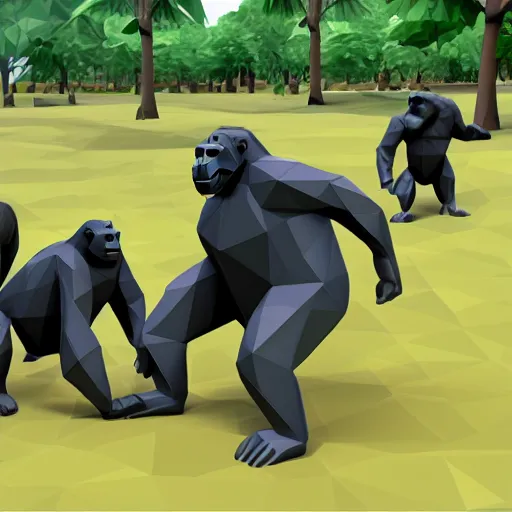 Image similar to gorillas without legs and using their arms to move. playing a game of tag in low poly video game