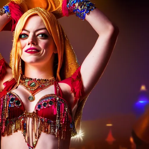 Prompt: a portrait of emma stone dressed as a belly dancer, arabian night, high quality, fully detailed, 4 k, in focus face with fine details, realistic hand details and anatomy