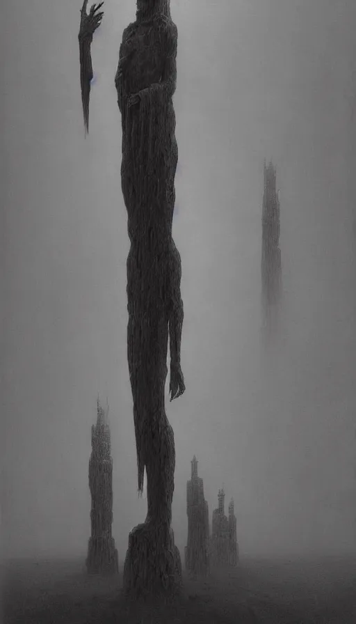 Prompt: painting of omniscient tall statues of gods towering above a hopeless person, by zdzislaw beksinski, by dariusz zawadzki, by wayne barlowe, gothic, surrealism, cosmic horror, lovecraftian, cold hue's, warm tone gradient background, concept art, beautiful composition