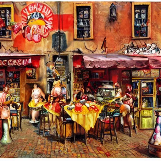 Prompt: by reginald marsh eclectic sangria. a street art of a city made entirely out of kulich, a traditional russian easter bread. the city is bustling with activity. the street art is playful & whimsical, with a touch of magic.