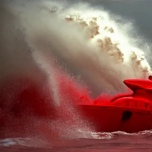 Image similar to a devilish red monster with horns emerging from boiling rough seas, photo by david lachapelle, s - 5 0