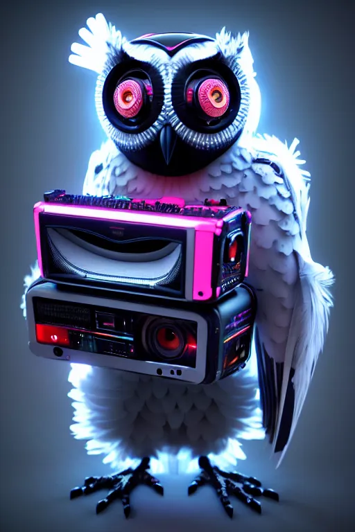 Image similar to high quality 3 d render very cute cyborg owl! with boombox!, cyberpunk highly detailed, unreal engine cinematic smooth, in the style of blade runner & detective pikachu, hannah yata charlie immer, moody light, low angle, uhd 8 k, sharp focus