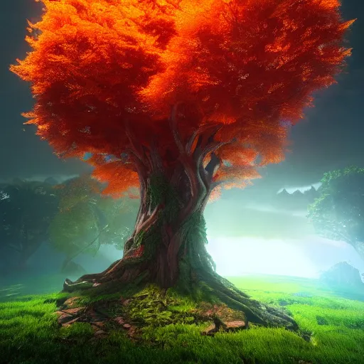 Image similar to The tree of the knowledge of good and evil, photorealistic, fantasy, unreal engine, colorful, cinematic