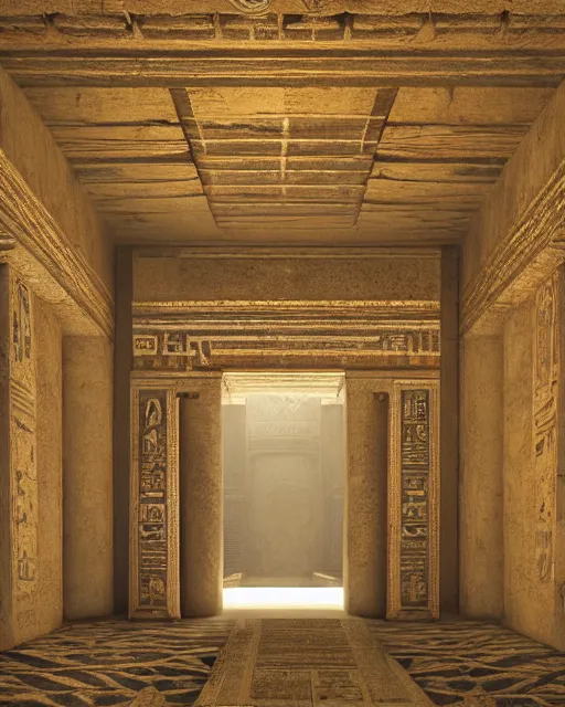 Image similar to greg rutkowski digital painting of an ornate and royal egyptian antechamber tomb, unreal engine, hyper realism, realistic shading, cinematic composition, blender render, octane render, hdr, detailed textures, photorealistic, ultrawide shot, 3 5 mm film