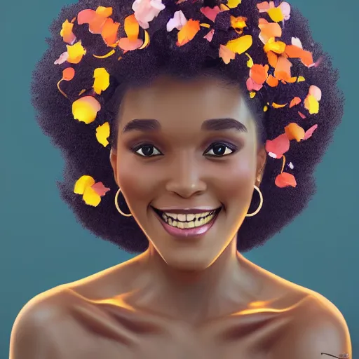 Image similar to portrait of a smiling beautiful black woman who looks like janelle monae with big curly afro surrounded by falling flower petals by argerm and by alphonse mucha, face by wlop, full color digital illustration trending on artstation, octane render