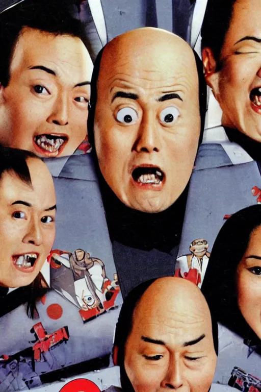 Image similar to coneheads, japanese vhs cover art, detailed facial expressions