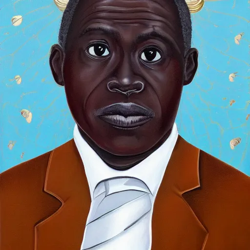 Prompt: a painting of a loving, caring fatherly wide forehead, aquiline nose, round face, XXL , generous, ever-present, humble, wise elder from Kenya in a silver suit and red tie by Wangechi Mutu . Fatherly/daddy, focused, loving, leader, relaxed. Gold background, heavenly lights, details, smooth, sharp focus, illustration, realistic, cinematic, artstation, award winning, rgb , unreal engine, octane render, cinematic light, macro, depth of field, blur, light and clouds, highly detailed epic cinematic concept art CG render made in Maya, Blender and Photoshop, octane render, excellent composition, dynamic dramatic cinematic lighting, aesthetic, very inspirational, arthouse.