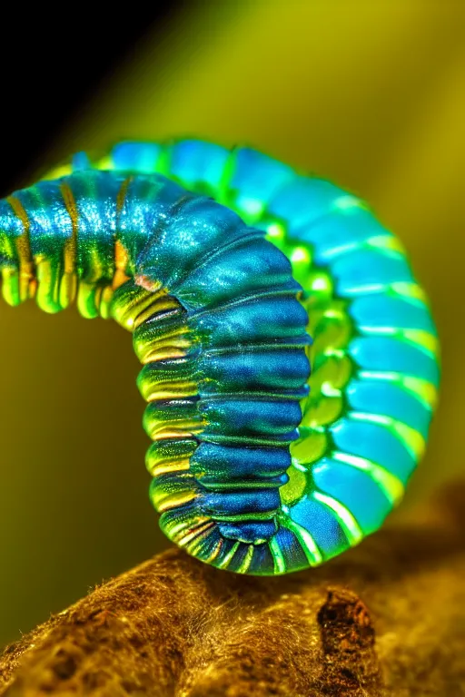 Prompt: high quality macro photo iridescent translucent caterpillar! cute highly detailed david ligare elson peter cinematic teal lighting high quality low angle hd 8k sharp shallow depth of field